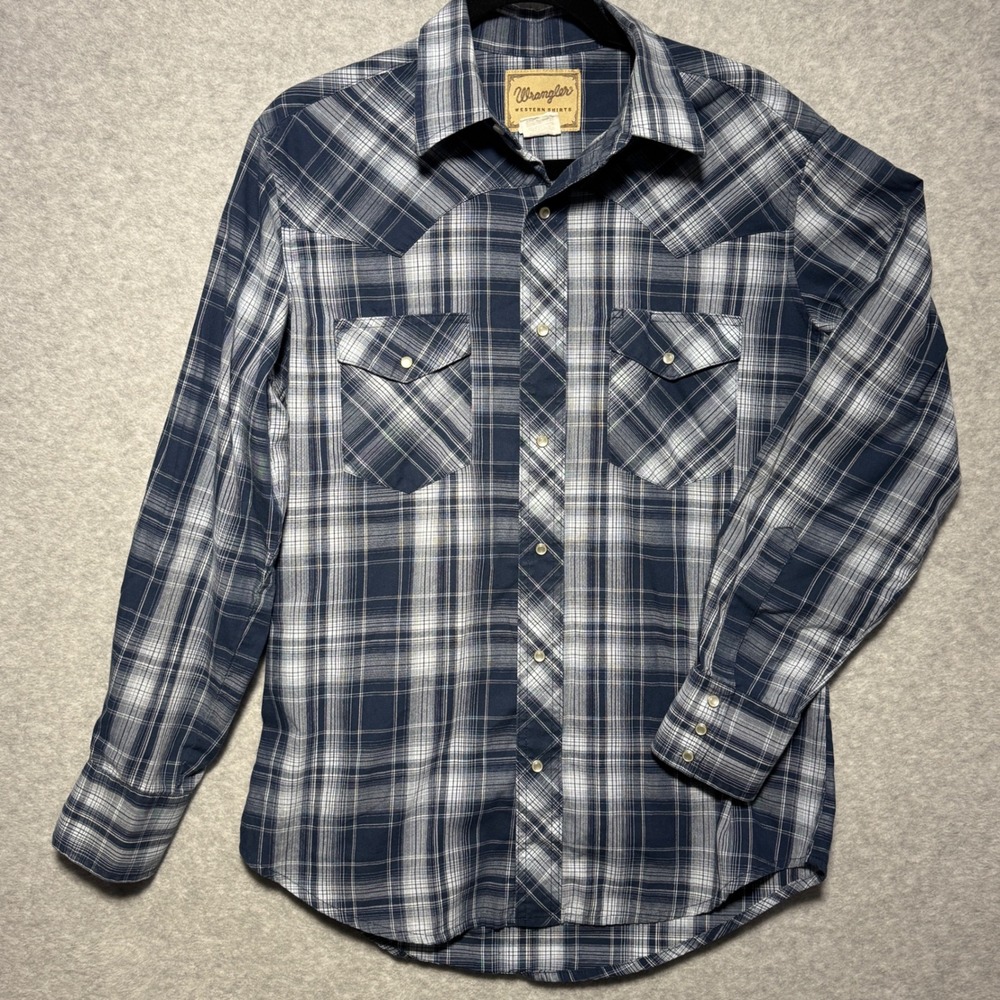 Wrangler‎ Western Shirts Mens Medium Navy Blue White Plaid Pearl Snap WMZ40NV
